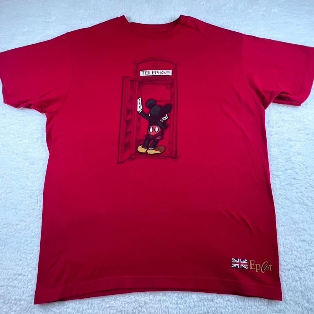 Y2K Disney EPCOT UK Pavilion Mickey Mouse Red Graphic Tee Size L‎